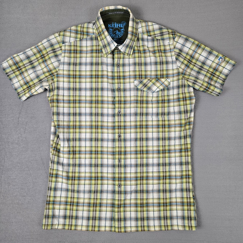 Kuhl Shirt Mens Small Green Plaid Textured‎ Seersucker Button Up Short Sleeve